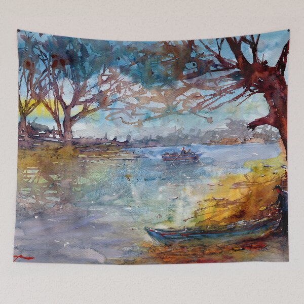 Item preview, Impressionist Boat and River Landscape in Watercolor designed and sold by darrenyeoart.