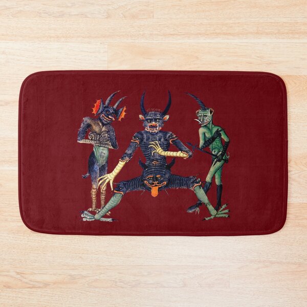Aperçu de l'œuvre Représentation médiévale tardive de Satan et de deux assistants démoniaques (sur fond rouge foncé) créée et vendue par DotorEaon.