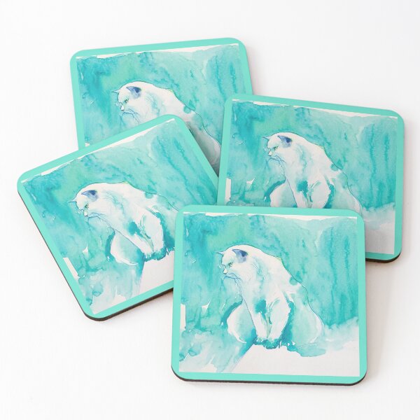 Item preview, Watercolor kawaii white blue green cat designed and sold by Fabiana  Arantes.