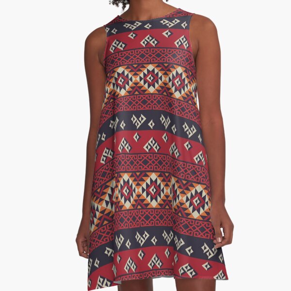 Vintage Mayan Pattern Red A-Line Dress