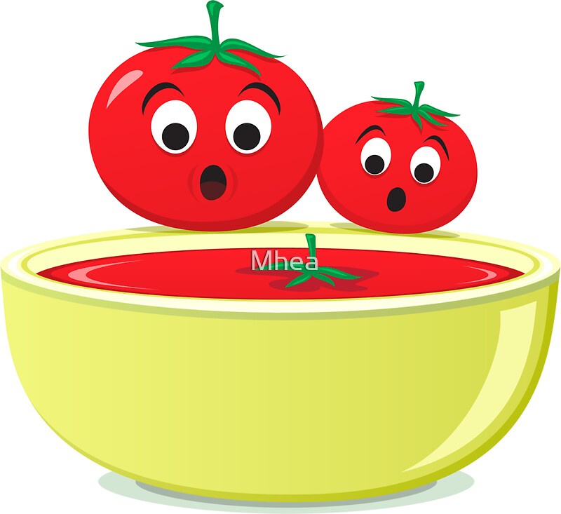 "Tomatoes looking at tomato soup sticker" Stickers by Mhea 