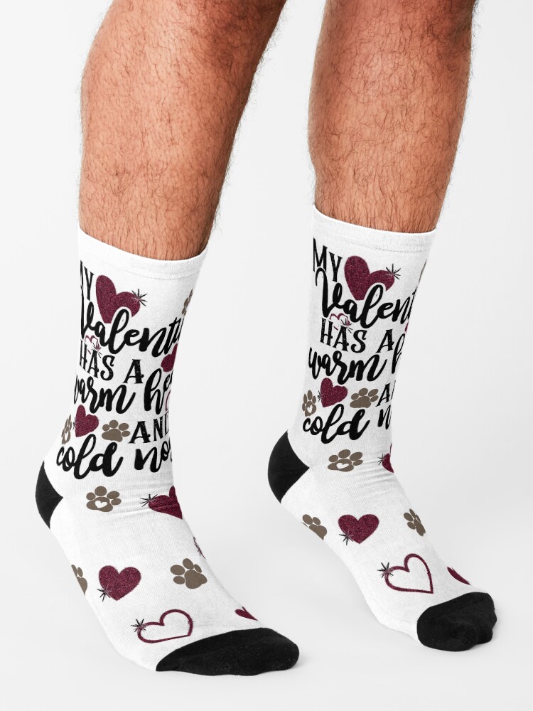 Thumbnail 3 of 5, Socks, My Valentine has a Warm Heart and a Cold Nose in Black Script designed and sold by HoverGirl.