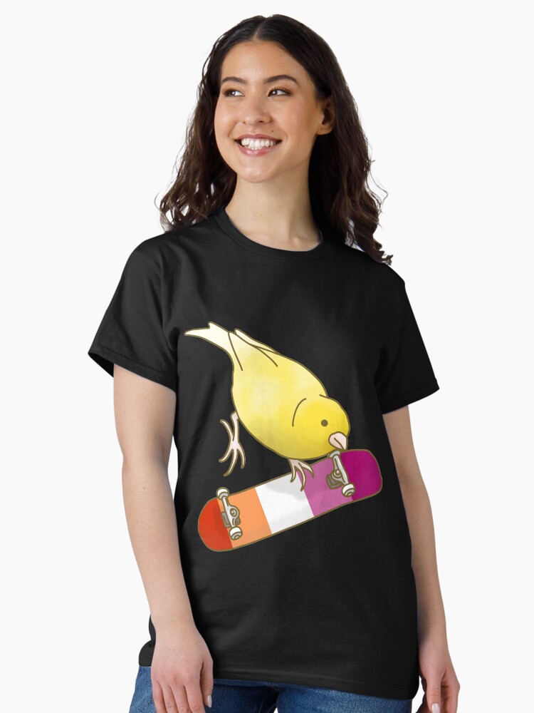 Thumbnail 1 of 7, Classic T-Shirt, Lesbian Pride Skateboard Canary designed and sold by AdoraBirdArt.