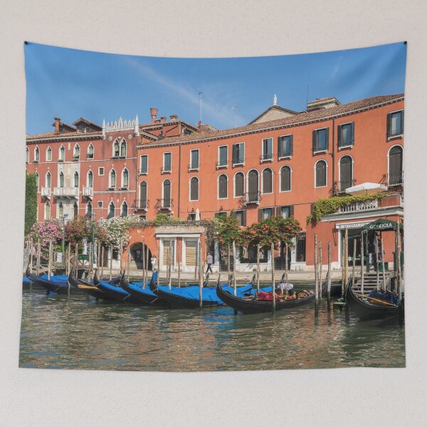 Item preview, Venetian Gondolas on the Grand Canal - Boldly Colored Palazzo Facades and Flowers on Riva del Carbon designed and sold by Georgia Mizuleva.