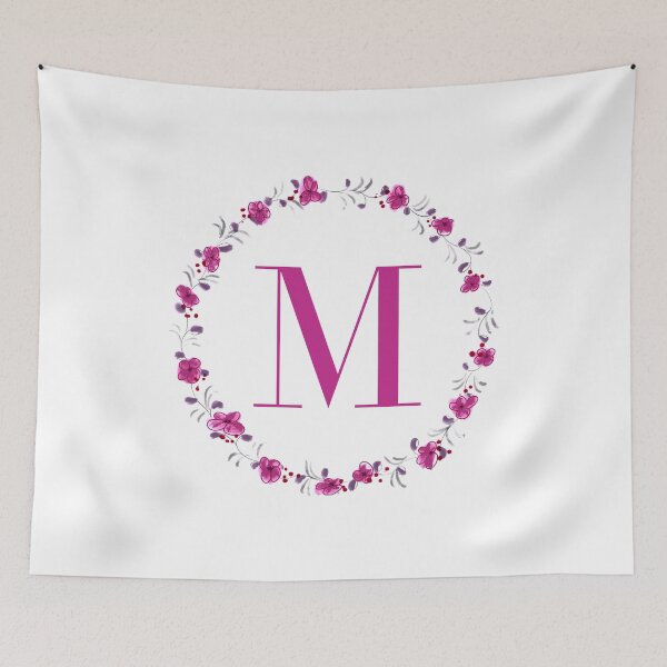 Item preview, Letter M monogram with fuchsia colored flowers and leaves designed and sold by Createlikeamom.