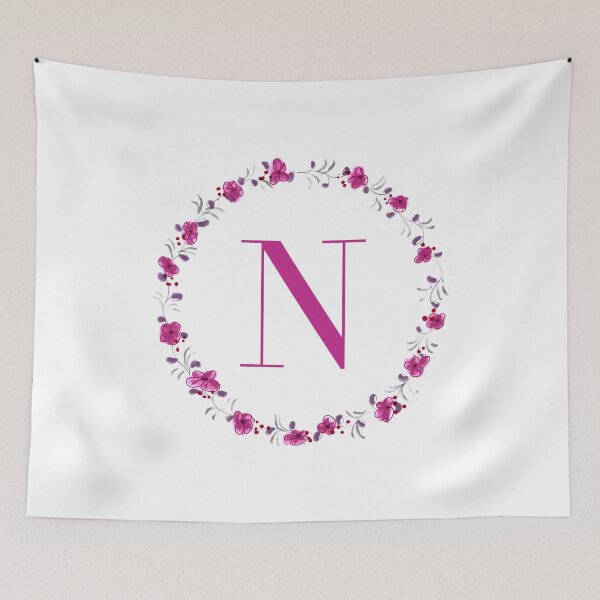 Item preview, Letter N monogram with fuchsia colored flowers and leaves designed and sold by Createlikeamom.