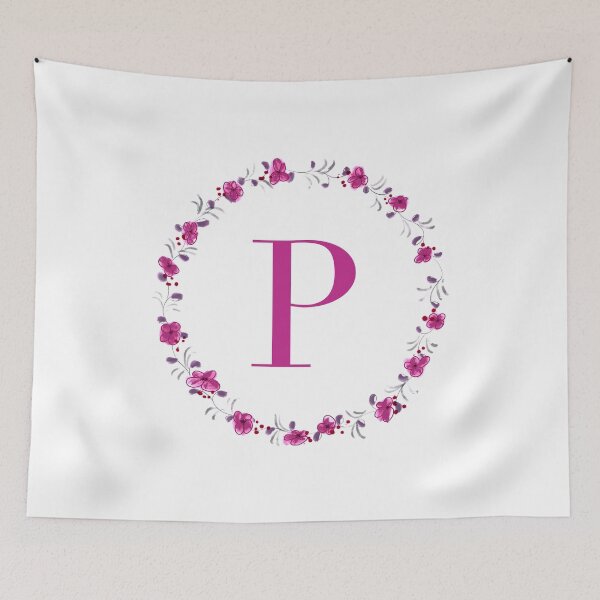 Item preview, Letter P monogram with fuchsia colored flowers and leaves designed and sold by Createlikeamom.