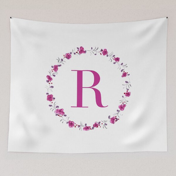 Item preview, Letter R monogram with fuchsia colored flowers and leaves designed and sold by Createlikeamom.