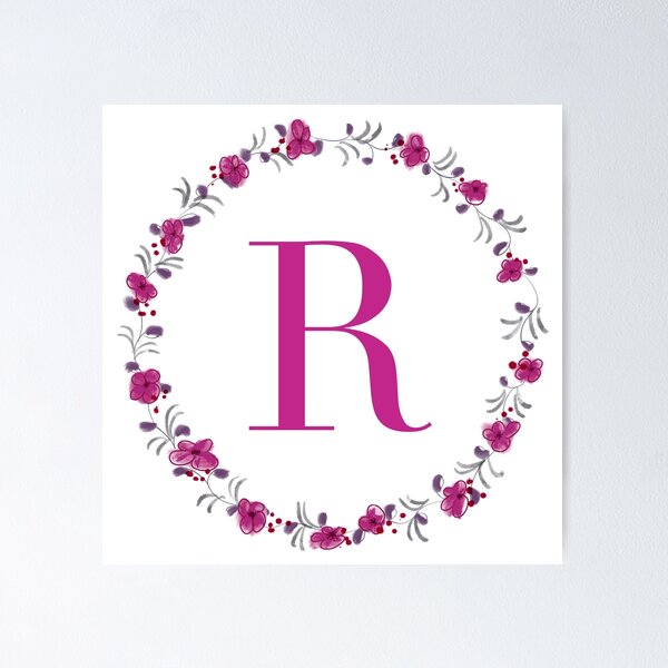Item preview, Letter R monogram with fuchsia colored flowers and leaves designed and sold by Createlikeamom.