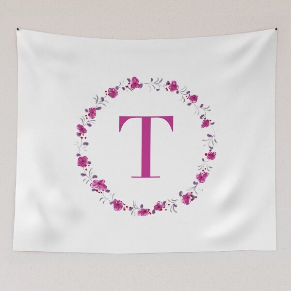 Item preview, Letter T monogram with fuchsia colored flowers and leaves designed and sold by Createlikeamom.