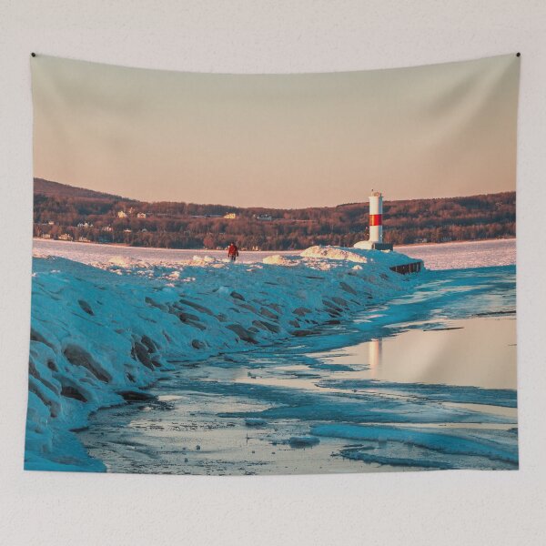 Item preview, Lone visitor to the frozen lighthouse in Petoskey Michigan designed and sold by Michael Deemer.