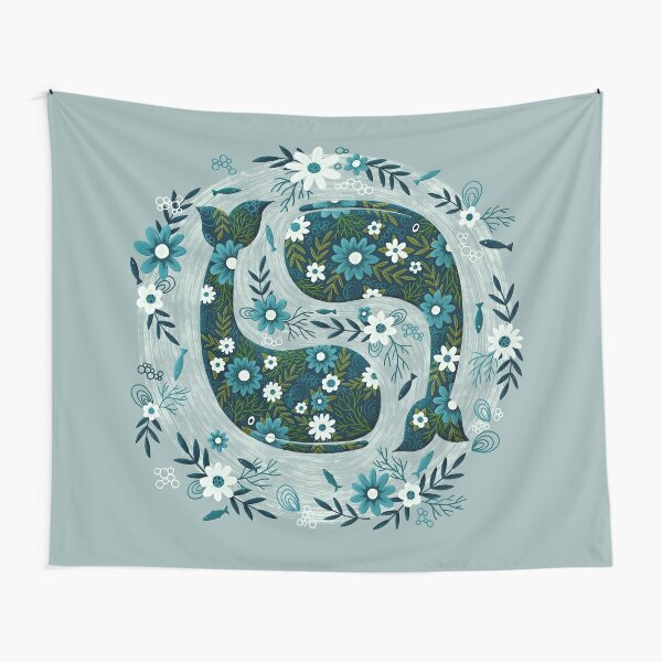 Pretty Floral Whales Circle in Blues and Greens Tapestry