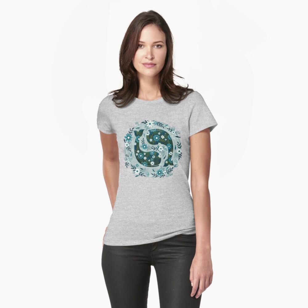 Pretty Floral Whales Circle in Blues and Greens Fitted T-Shirt