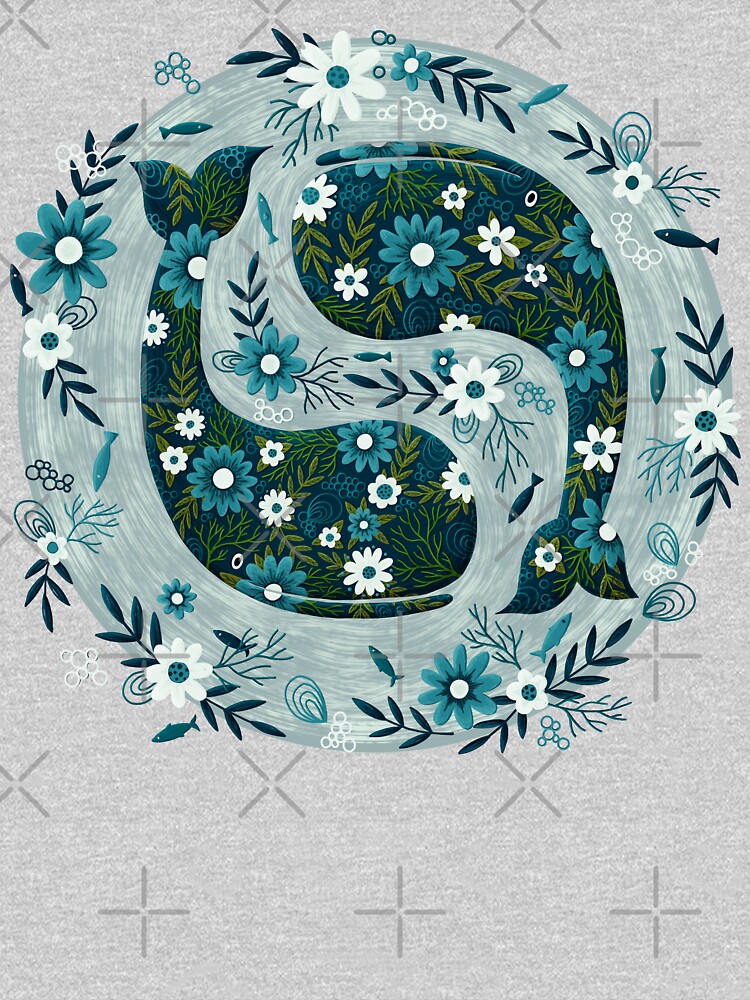 Pretty Floral Whales Circle in Blues and Greens by BexMorleyArt