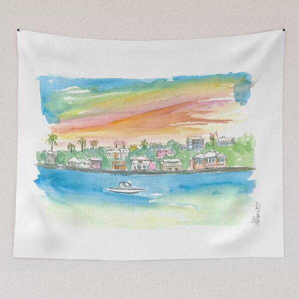 Item preview, Bermuda Shoreline with Houses Palms and Boat designed and sold by artshop77.