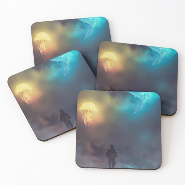 Item preview, Photoshop Composite of a Lonely Man with Jacket Walking Through a Surreal Landscape Eerily Tormented by Two Giant Jellyfish designed and sold by dreamline-designs.