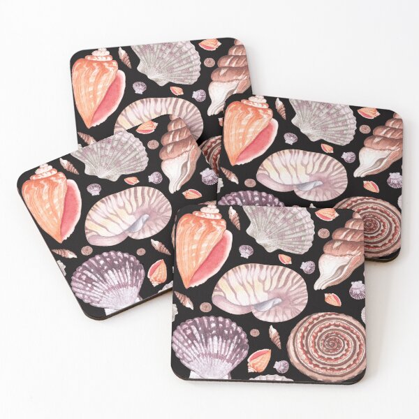 Item preview, pastel colors seashells seamless pattern on the black background.  seashells illustrations in warm colors. designed and sold by linagaiaart.