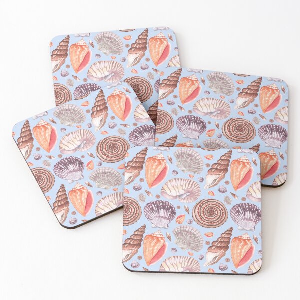 Item preview, seashell illustrations in warm color on the blue background designed and sold by linagaiaart.