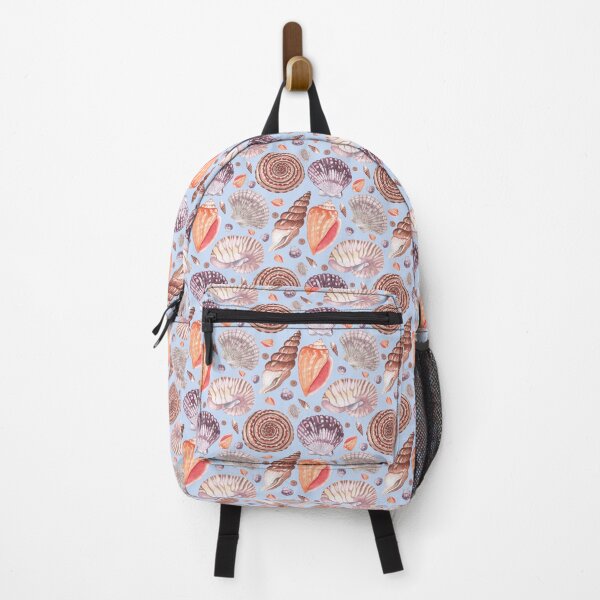 Item preview, seashell illustrations in warm color on the blue background designed and sold by linagaiaart.