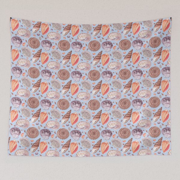 Item preview, seashell illustrations in warm color on the blue background designed and sold by linagaiaart.