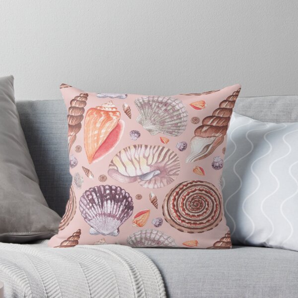 Item preview, seashell illustrations in warm colors seamless pattern on the peach background designed and sold by linagaiaart.