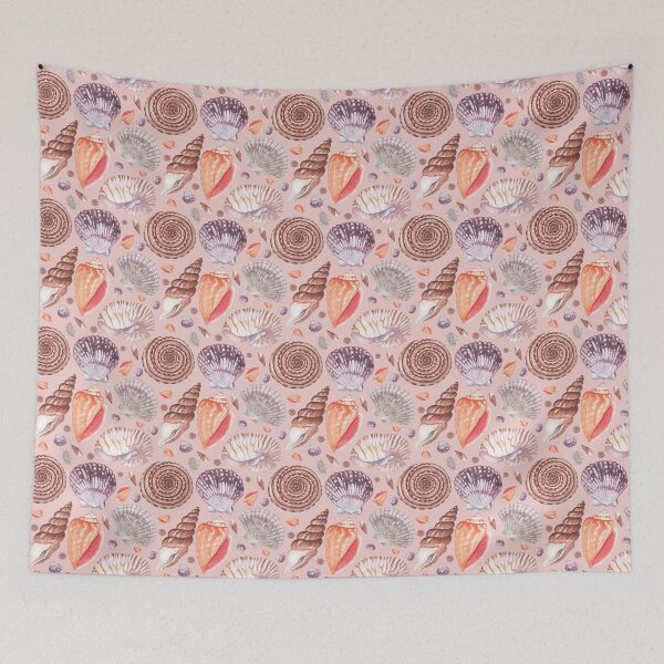 Item preview, seashell illustrations in warm colors seamless pattern on the peach background designed and sold by linagaiaart.