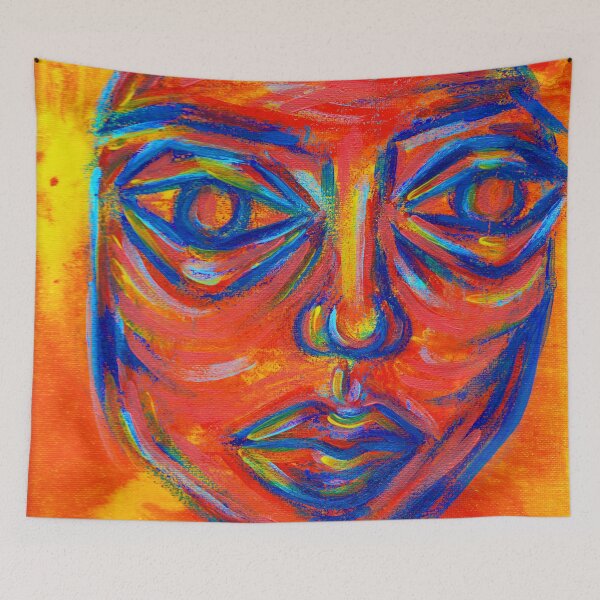 Item preview, Abstract colorful acrylic portrait over poured paint "focus" designed and sold by Grace Behler.