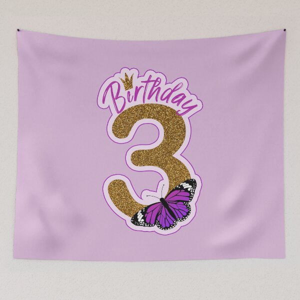 Artikelvorschau, Rosa und goldener Glitzerschmetterlingsgeburtstag 3 Jahre entworfen und verkauft von Between Clouds.