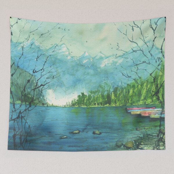 Item preview, Boats and Mountains Landscape Painting designed and sold by darrenyeoart.
