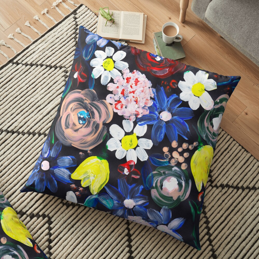 Florales design in Acryl mit schwarzen hintergrund Bodenkissen