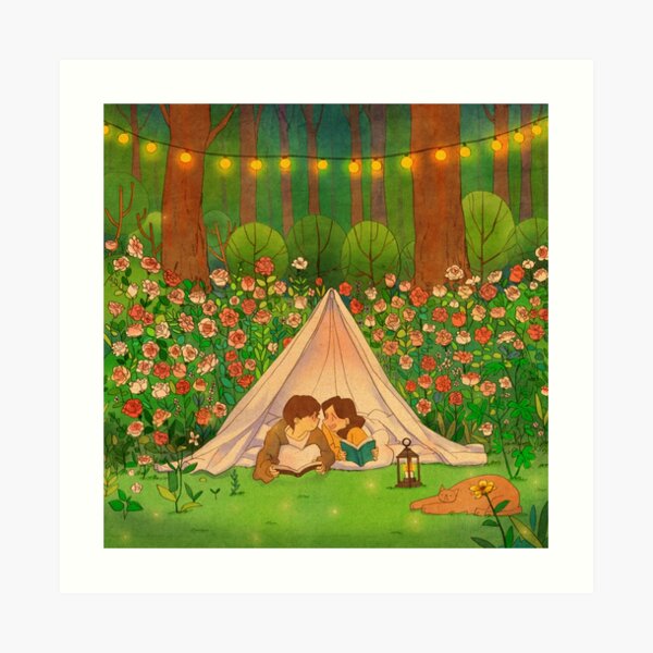 Reading book while camping Art Print