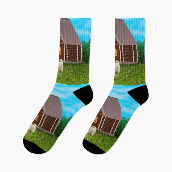 Item preview, a village house, a goat in front of it on the green grass designed and sold by nataliavavilina.