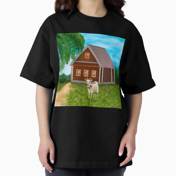 Item preview, a village house, a goat in front of it on the green grass designed and sold by nataliavavilina.