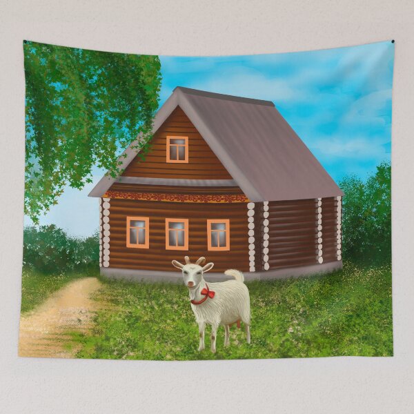 Item preview, a village house, a goat in front of it on the green grass designed and sold by nataliavavilina.