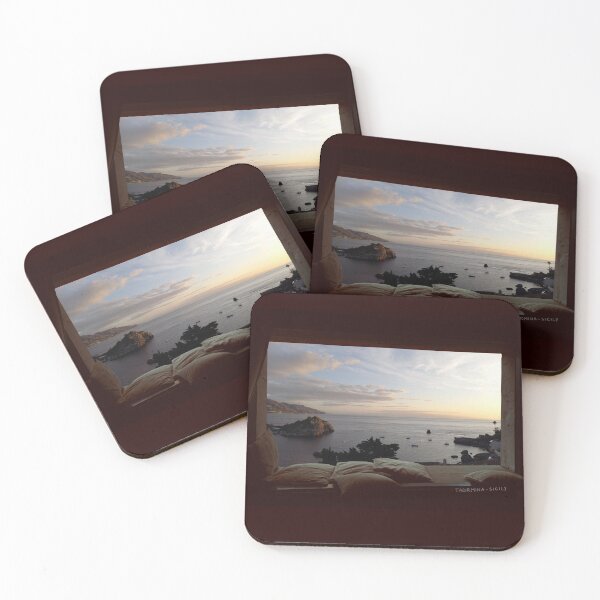 Item preview, View from window in Taormina in Sicily (Italy) - Mazzaro bay at sunset - photo designed and sold by nabeArtist.