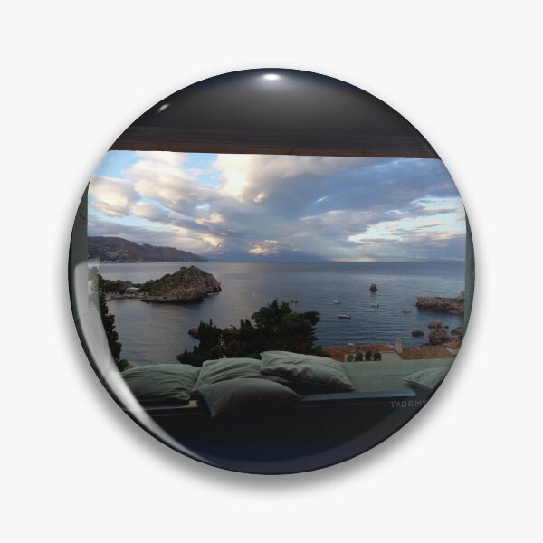 Item preview, View from window in Taormina in Sicily (Italy) - Mazzaro Bay - cloudy day designed and sold by nabeArtist.
