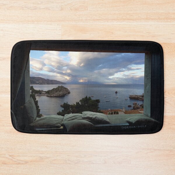 Item preview, View from window in Taormina in Sicily (Italy) - Mazzaro Bay - cloudy day designed and sold by nabeArtist.