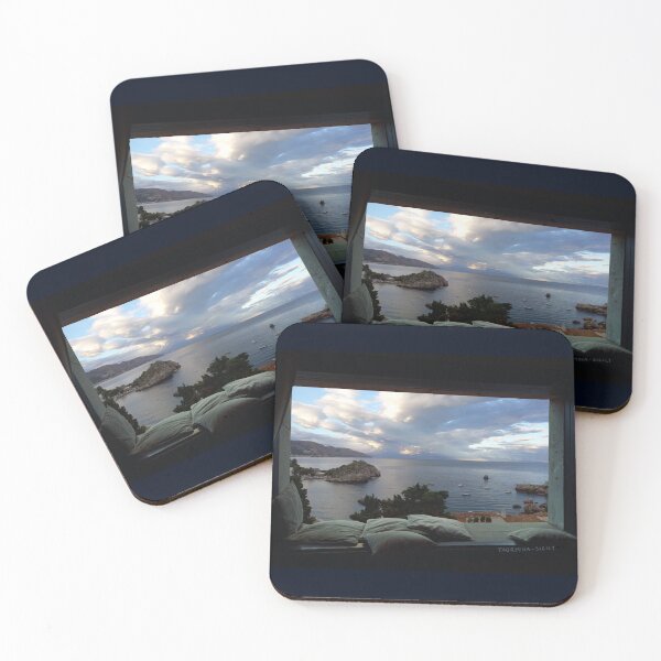 Item preview, View from window in Taormina in Sicily (Italy) - Mazzaro Bay - cloudy day designed and sold by nabeArtist.