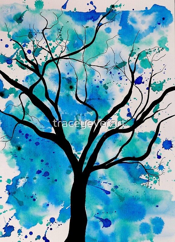 "Blue Abstract Tree Drawing " by traceyeverart Redbubble