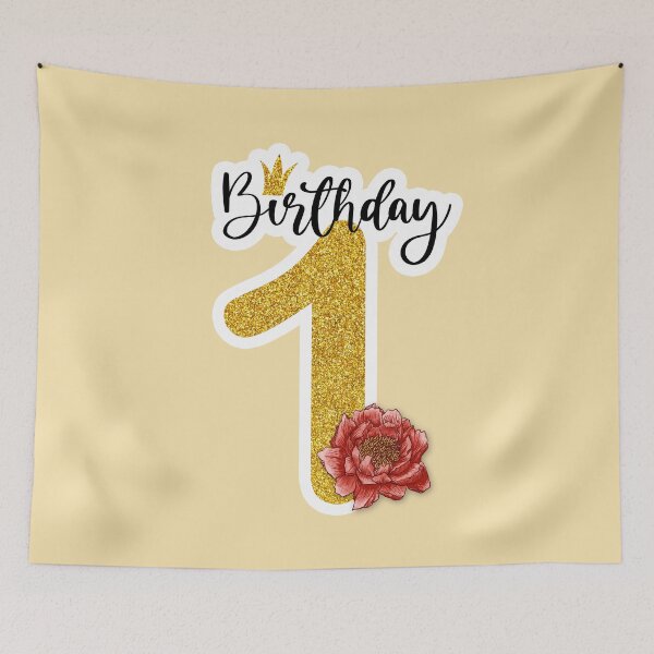 Aperçu de l'œuvre Paillettes dorées avec pivoine rouge rose anniversaire fille 1 an jaune créée et vendue par Between Clouds.
