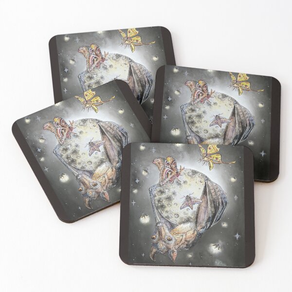 Item preview, Flying fox and Moon artwork; bat hanging from the moon with moths and lightening bugs, BELLA LUNA by Mandy Lorain,  designed and sold by MLorainArt.