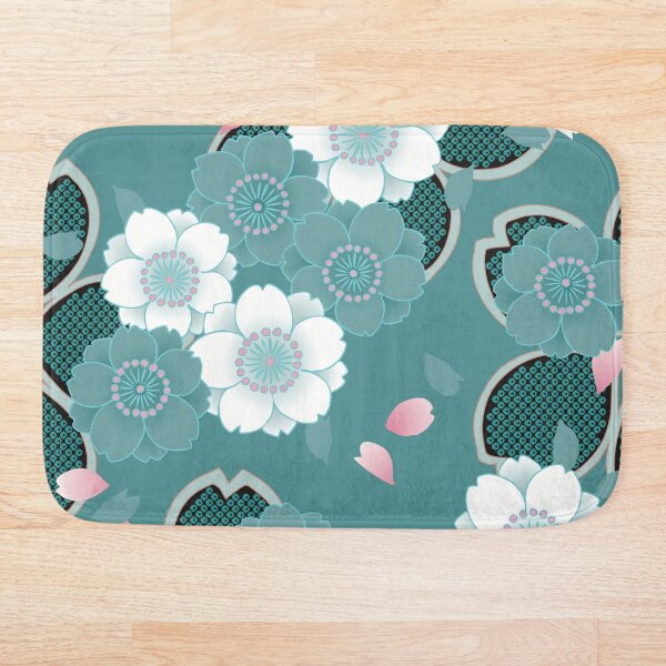 Pink White Teal Floral Japanese Sakura Kimono Pattern Bath Mat