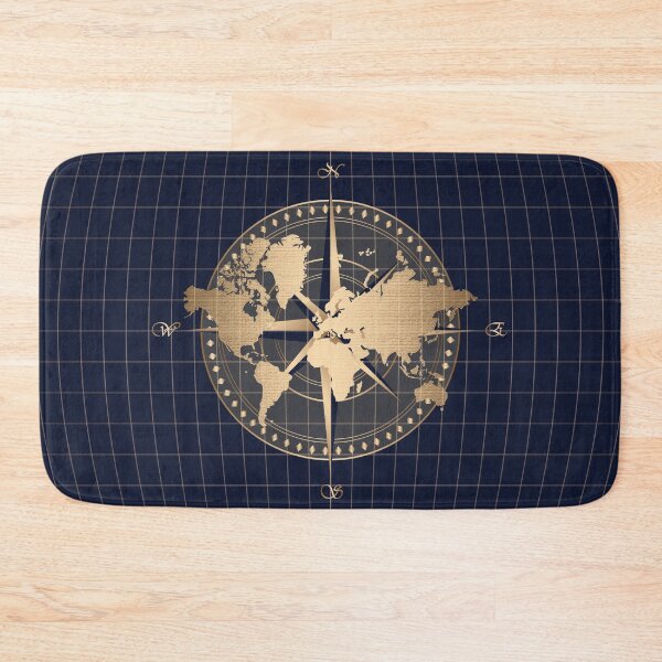 Item preview, Gold world map with compass on blue background designed and sold by CynthiaGraphics.