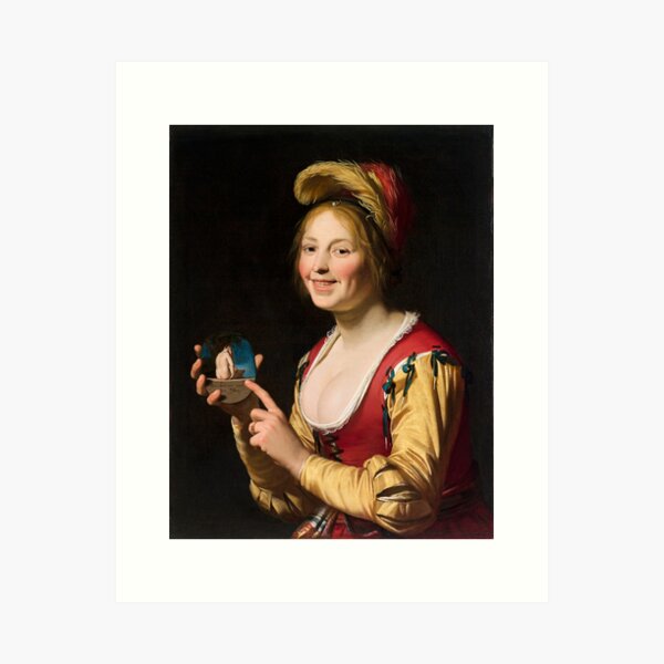 Item preview, Smiling Girl, a Courtesan, Holding an Obscene Image - Gerard van Honthorst designed and sold by brushandframes.