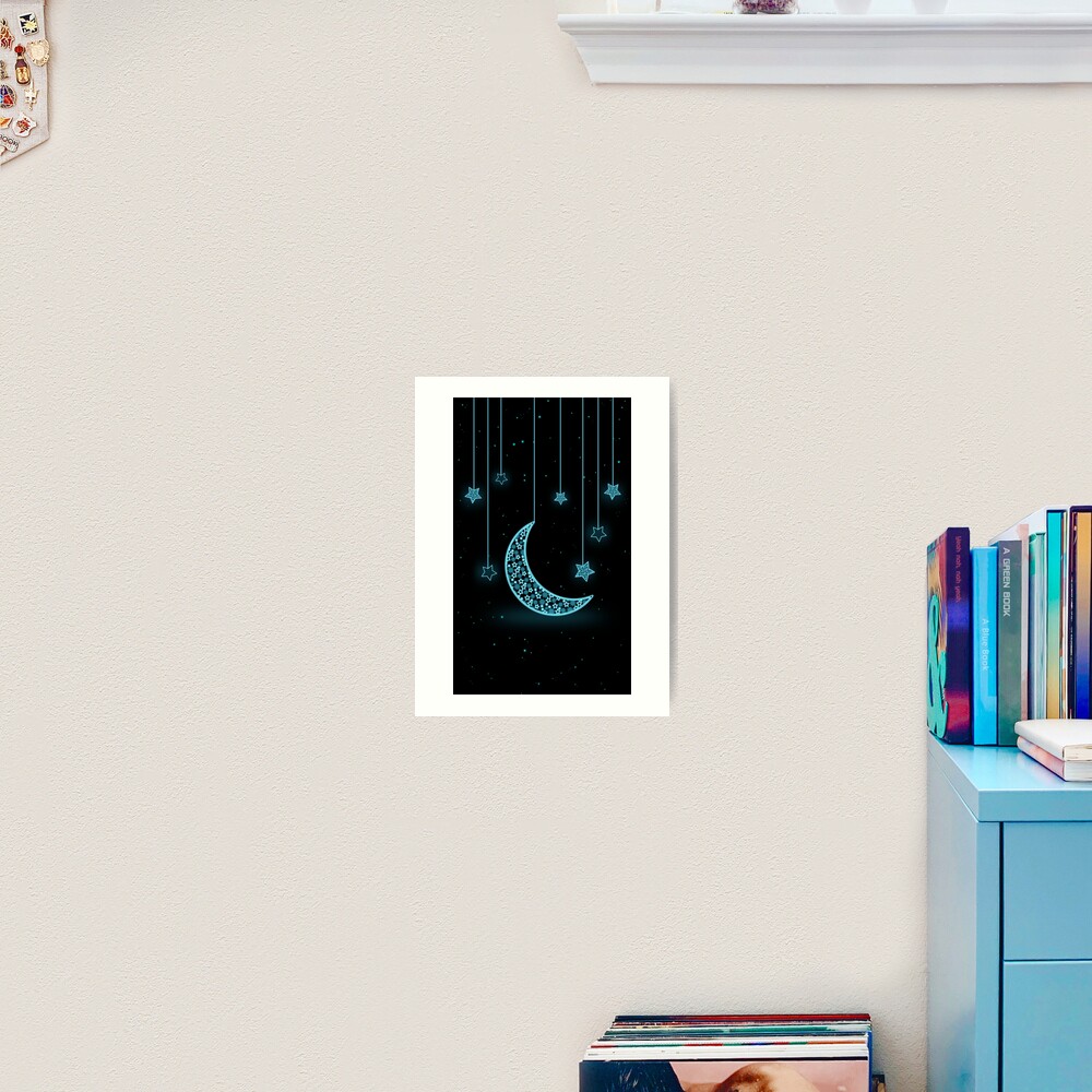 Baby Blue Crescent Moon And Stars On Black Background Art Print By Shajendesigns Redbubble