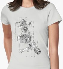 Nikon camera diagram attributed to 'J.leGuernic, 1976'. Women's Fitted T-Shirt