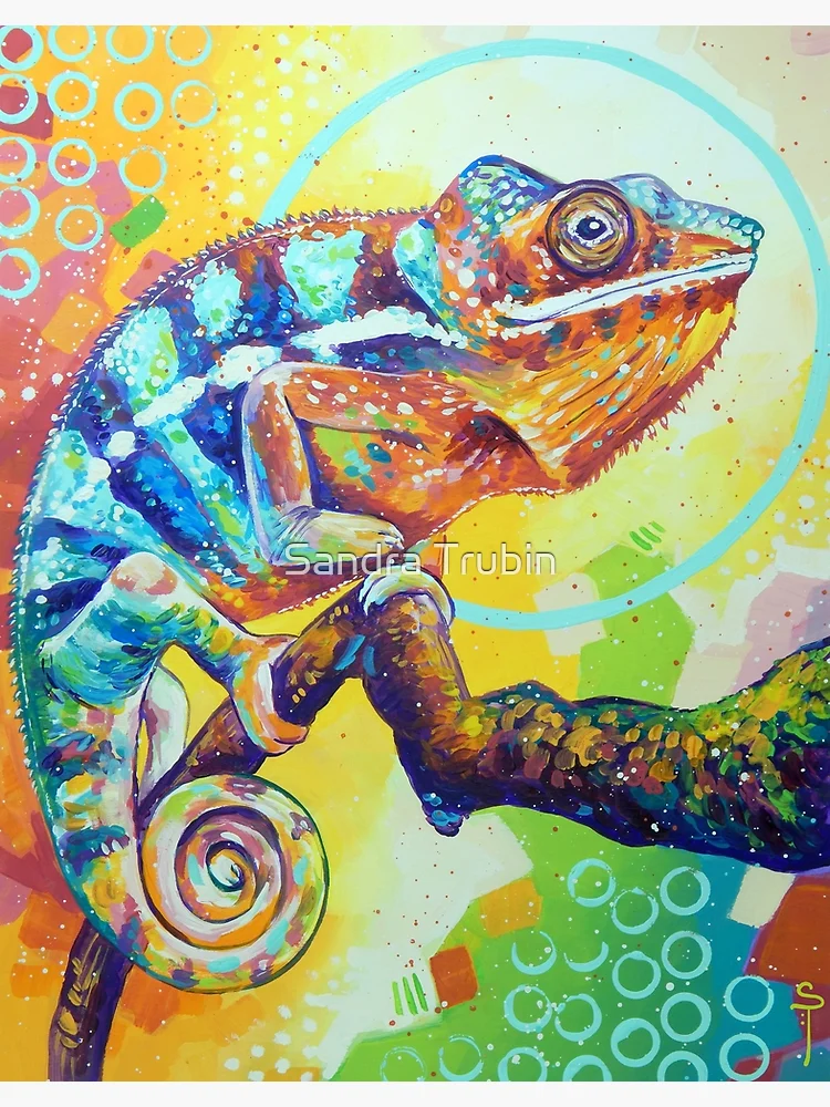 Smiling Chameleon - original colorful reptile painting, hand painted online with acrylic on paper, created by Sandra Trubin, 11x14 inch