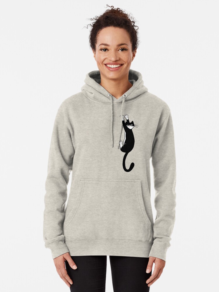 Thumbnail 1 of 5, Pullover Hoodie, Black and White Cat Hanging On | Funny Tuxedo Cat designed and sold by ShortCoffee.