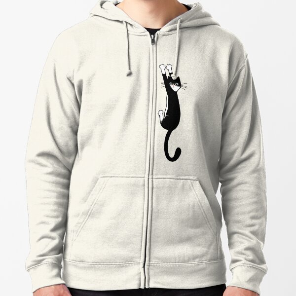 Black and White Cat Hanging On | Funny Tuxedo Cat Zipped Hoodie