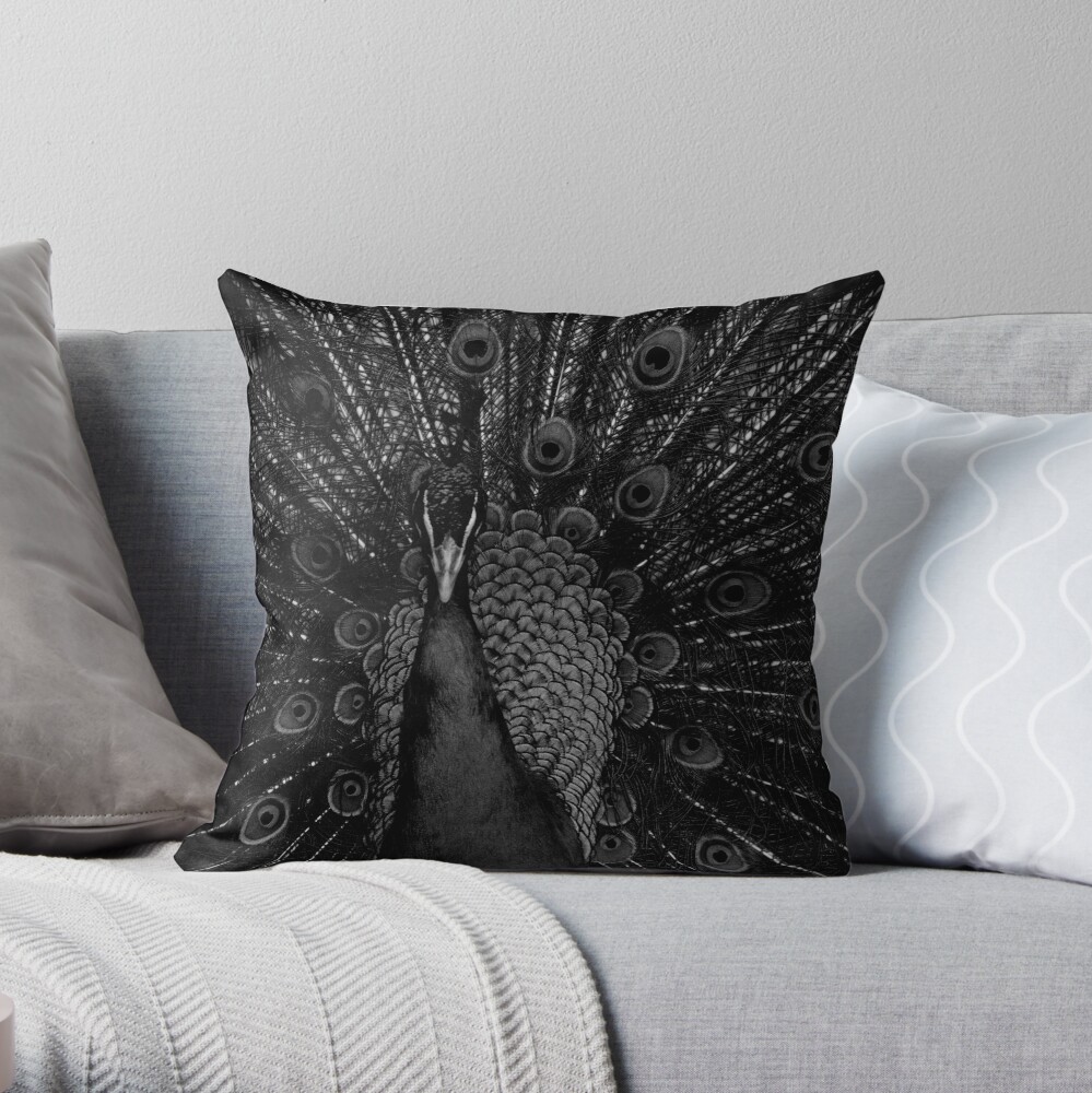 Peacock in black and white Throw Pillow